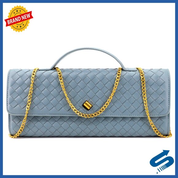 Leather Woven Evening Clutch Purse with Detachable Straps for Wedding Party